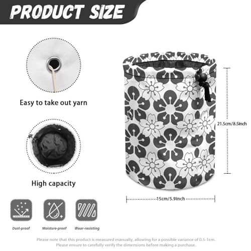 Image of Sellikakes Black White Cherry Blossom Yarn Bag Crochet Storage Organizer, Knitting Yarn Holder for Chrocheting Project, Store Skein Ball, Short Knitting Needle