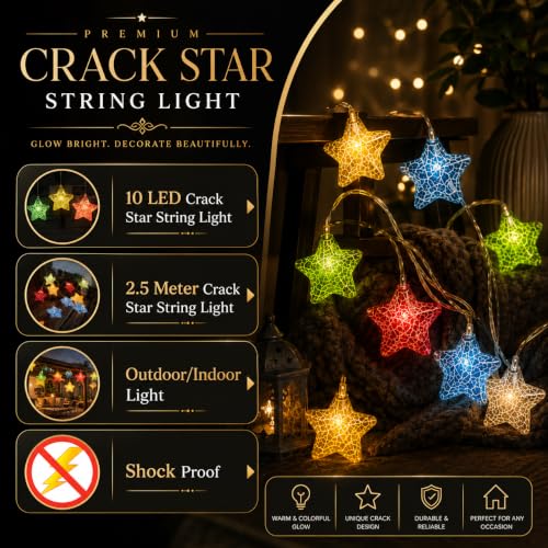 Image of One94Store Plastic Crack Star Led String Light 10 Led 3 Meter Warm White Fairy String Light for Indoor Outdoor Diwali Decoration Light Plug-in (Warm White)