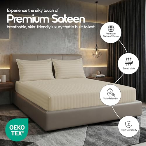 Image of LINENWALAS Cotton 300 TC Fitted Bed Sheet for Single Bed | Signature 2 CM Sateen Stripe Design | All-Around Elastic for 4-8 Inch Mattresses | Luxury Hotel-Style Bedding (36 x 78, Pearl)