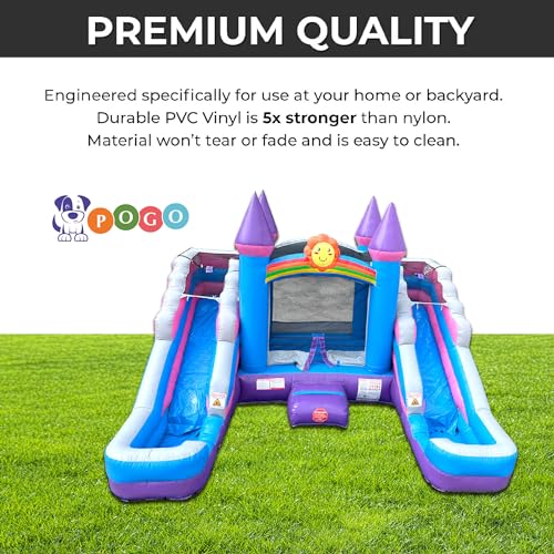 Pogo Bounce House Inflatable Bounce and Double Slide Combo (without Blower) - 16' Long x 15' Wide Crossover Pink and Purple Castle Combo Bouncer, Kids Outdoor Toys and Jumpers