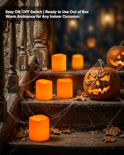 Image of Homemory 12 Pack Orange Flameless Flickering LED Votive Tealights Candles | Battery operated, warm white glow, orange shell, 1.5 inchD x 1.6 inchH, for halloween, thanksgiving & fall harvest decor