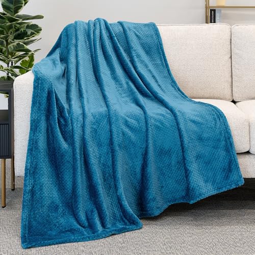 PAVILIA ターコイズブルー ソファベッド用スローブランケット、ソファチェア用ソフトフリーススロー、ファジーワッフルテクスチャブランケット、快適で暖かい軽量オールシーズンブランケットスロー、50x60