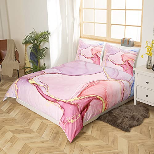Pink Marble Duvet Cover Twin Size For Adult Women Girls Abstract Art Theme Bedding Set Purple Golden Marble Pattern Comforter Cover With Zipper Ties Boys Teens Stone Printed Soft Microfiber Bedspread #TOP2