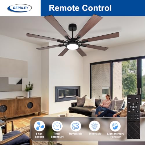 Image of Depuley 72-Inch Ceiling Fan with Light: Modern 8-Blade Walnut and Black Indoor Outdoor Fans with Remote Control Dimmable Light - Ultra Quiet DC Motor Reversible 6 Speed Timer