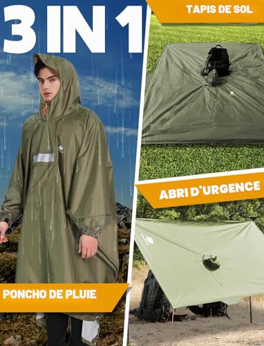 ANYOO Poncho de Pluie Imperméable Léger avec Fermeture à Glissière Latérale, Veste de Pluie avec Manches Réglables pour la Randonnée et le Cyclisme en plein air, Vert armée, Taille unique – vue 7