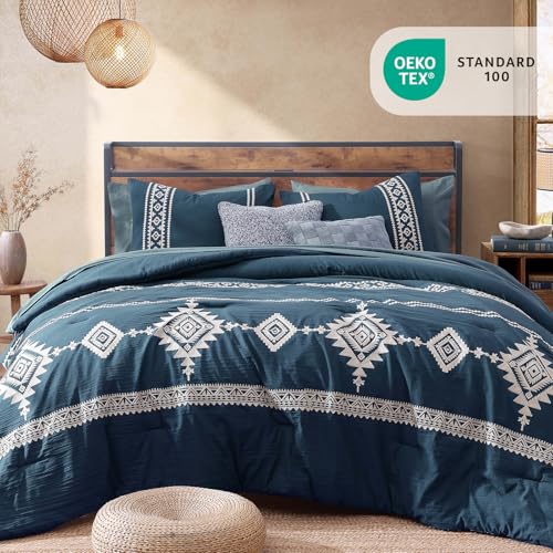 Image of MaiReve Embroidery Queen Comforter Set 7 Pieces Navy Blue Bed in a Bag