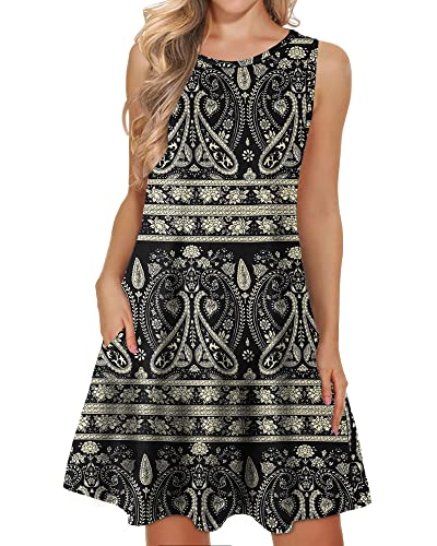 WNEEDU lässiges Sommerkleid Damen Ärmellose Tank Strandkleider T-Shirt Kleid mit Taschen