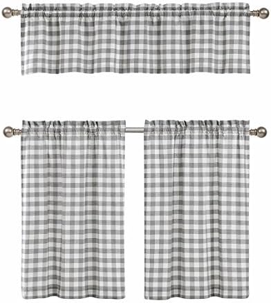 3 Pc. Plaid Country Chic Cotton Blend Kitchen Curtain Tier & Valance Set - Assorted Colors (Grey)