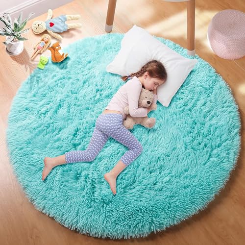 PAGISOFE Blue Round Rug for Boys Bedroom, 4'X4',Circle Rug for Girls Room,Fluffy Carpets Shaggy Rugs for Small Kids Teepee, Fuzzy Mat Soft Reading Corner Rug, Circular Rugs for Kids Playroom