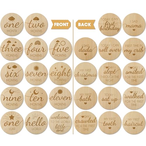 Image of Baby Monthly Milestone Wooden Circles, Hello World Newborn Sign, Month Baby Milestone Signs for Newborn Photography Props, Set of 14 Baby Monthly Milestone Wood Discs Props for Baby Boy & Girl