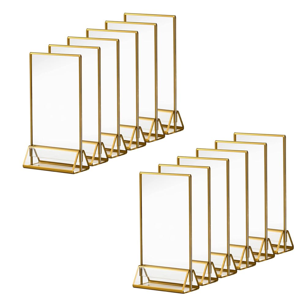12 Pack Gold Frames Acrylic Sign Holders, Brochure Holder, Table Menu Display Stand, Double Sided Flyer Holder for Weddings Restaurants Exhibitions