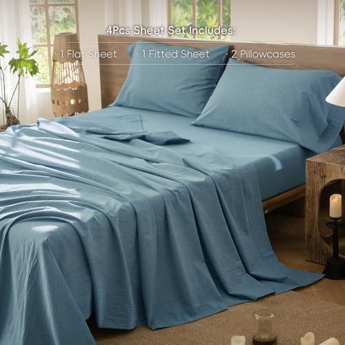 Image of MooMee Bedding Sheet Set 100% Washed Cotton Linen Like Textured Breathable Durable Soft Comfy (Heathered Peacock Blue, Queen)
