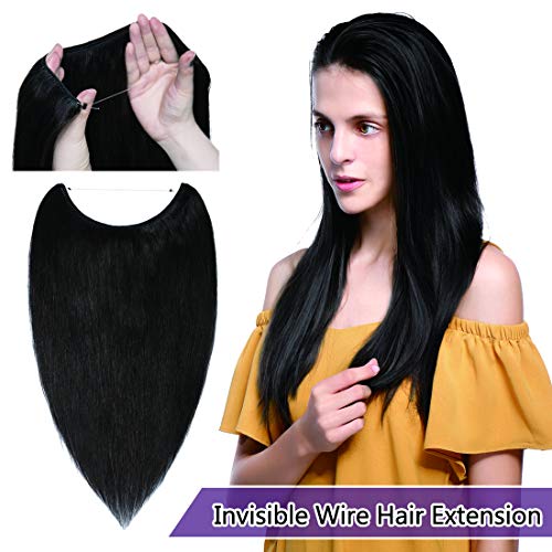 SEGO Invisible Wire Hair Extensions Human Hair Hidden String Crown Hair Extensions No Clips in Secret Hairpieces with Miracle Transparent Fish Line For Women #1B Natural Black 22 inches 75g