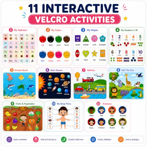 Image of FullnessKids 40+ Activities Busy Book for Toddlers 1-5 Years | Montessori Busy Binder & Preschool Learning Toy | Reusable Velcro & Wipe-Clean Pages | Fine Motor Skills, Sensory Play, School Readiness & Travel Activity Book | Gift for Boys & Girls
