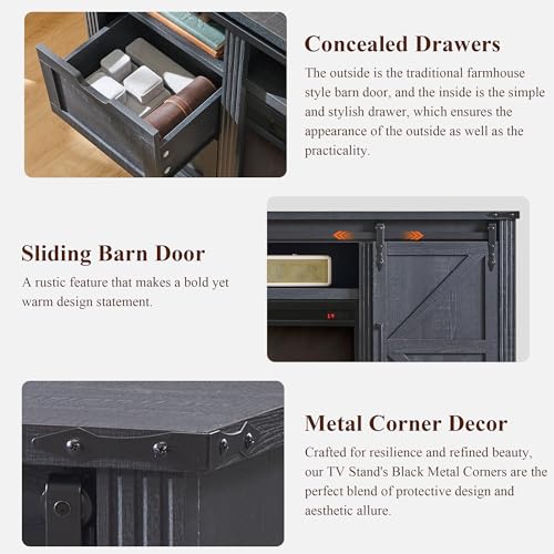 Image of Farmhouse 66 inchTV Stand for 75+ Inch TV, 32 inchH w /4 Drawers & Sliding Barn Door | Entertainment Center, Rustic Media Console w /Storage Shelves, Wood Television Stand for Living Room, Black
