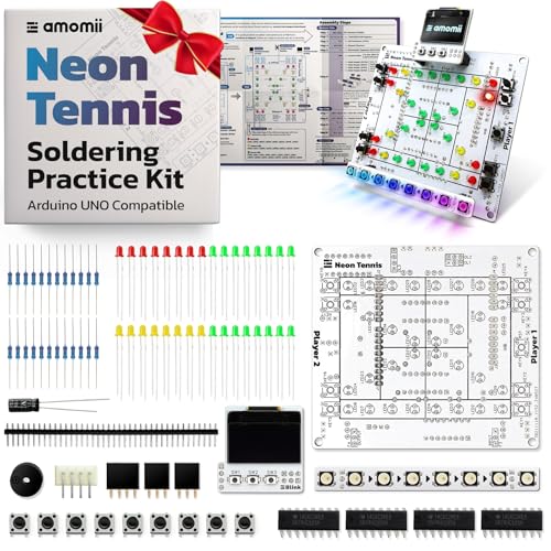 amomii Neon Tennis - Soldering Practice Kit for Arduino UNO, 2-Player LED Game Shield with OLED Display and RGB Strip, DIY Electronics Project for Adults and Teens