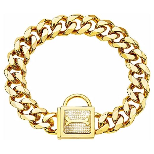 Aiyidi Strong Dog Chain Collar, 316L Stainless Steel Slip Choker Collar, with Personality Rhinestone Lock, 19MM Gold Cuban Link Chain,12-26inch, Water-Proof, Chew-Proof, for Medium & Large Dogs(16'')