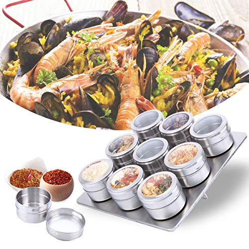 Iglobalbuy Spice Jar Pots à épices, 9PCS Acier Inoxydable Pots d'épice, Pot de Condiment Magnétique pour Sel, Poivre, Herbes ou Assaisonnements Cover