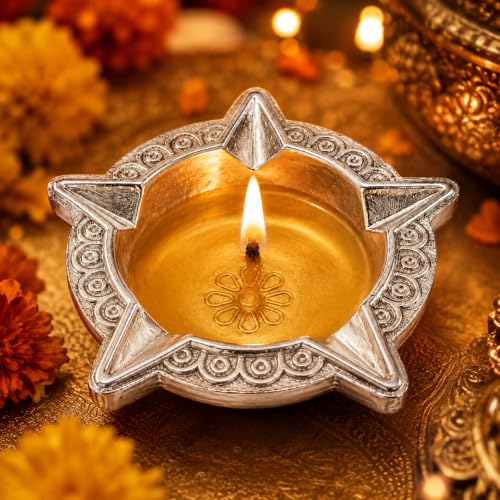 Image of 999 Silver Plated Panchmukhi Diya for Pooja l Handcrafted 5 Face Deepak for Home Mandir & Office, Diwali Decoration & Festive Gifting