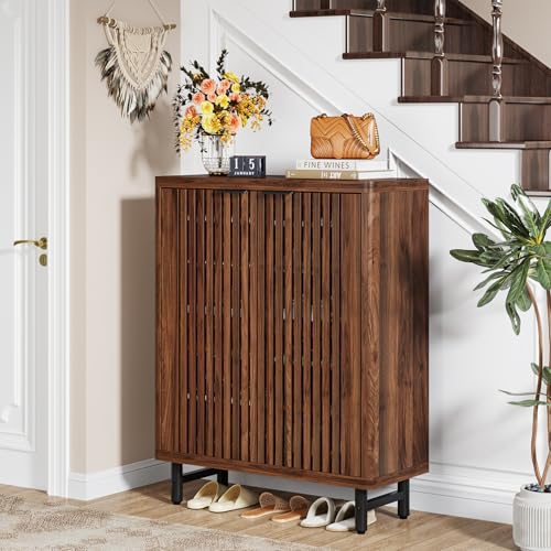 Tribesigns 6-Tier Shoe Cabinet with Shutter Doors, Large Wooden Shoe Organizer Rack with Adjustable Shelves, Modern Farmhouse Hidden Storage Furniture for Entryway, Hallway (Walnut)