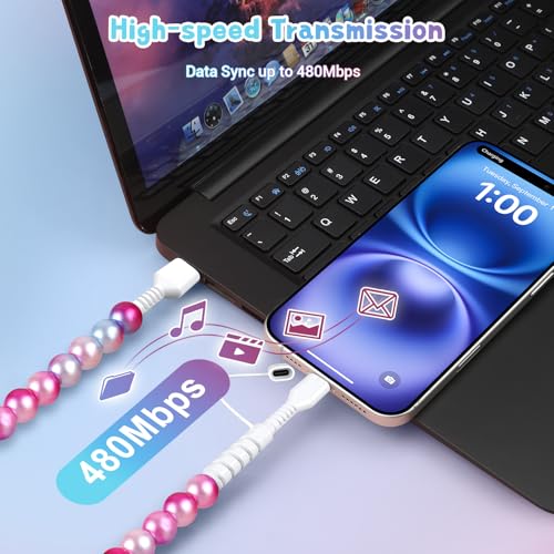 Image of Aolcev USB C Cable for iPhone Charging Cord 3.3FT 2 in 1 Multi Cute Beaded Phone Charger MFi Certified USB A to USB C Fast Charging Cable Type C Charger Cord for iPhone 17 16 15 14 Pro Max Fade Blue