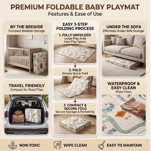 Image of Safe-O-Kid Extra Large Baby Play Mat | Waterproof Foldable Foam Crawling Mat | Double-Sided BPA Free Non-Slip Floor Mat | Reversible Alphabet & Jungle Learning Play Mat (195x137x1.7 CM) - Multicolor
