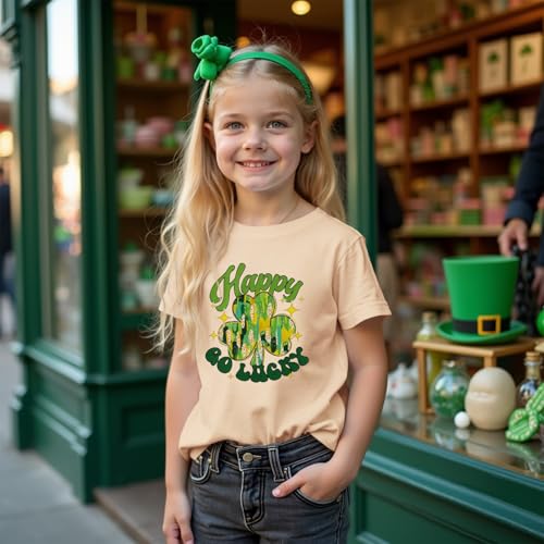 Image of MODNTOGA Kids Girls St Patricks Day Shamrock Graphic T-Shirt Happy Go Lucky Print Shirt Green Clover Short Sleeve Tee Tops (Beige, 8-9 Years)
