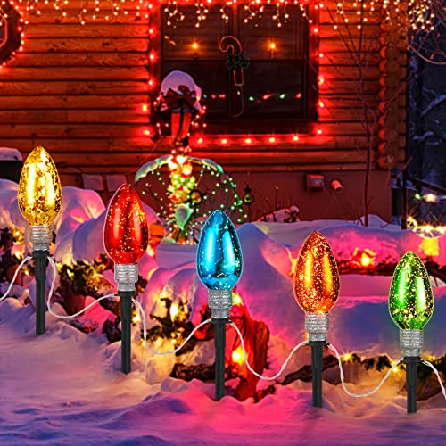 Pathway Lights for Outdoo,C9 Christmas Multicolor Pathway Lights, 8.5Ft Outdoor Christmas Pathway Markers Stakes Lights with 5 Jumbo C9 Multicolor LED Bulbs