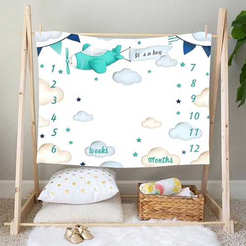Image of Airplane Theme Baby Monthly Milestone Blanket for Boys, Soft Flannel Aircraft Pilot Cloud Stars Pattern Photography Prop Baby Shower Age Newborn Mom Gifts Nursery Decor (Turquoise, 48x40in)