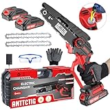 Mini Chainsaw Cordless, 6 inch Small Electric Chainsaw Battery Powered, Handheld Mini Chain Saw with 2 Batteries&2 Chains, Hand Saws for Branch Wood Cutting Tree Trimming (UPGRADED VERSION), Red