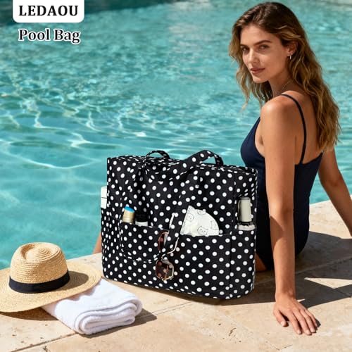 Image of LEDAOU Large Beach Bag Women Waterproof Sandproof Zipper Beach Tote Pool Bag for Swim Gym Grocery Travel with Wet Pocket