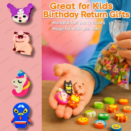 Image of Cute Cartoon Mini Erasers (Pack of 100) - Funny Shaped, Colorful Novelty Erasers for Kids, 3cm X 2cm X 0.4cm, Ideal for Birthday Return Gifts, Party Favors, and School Stationery