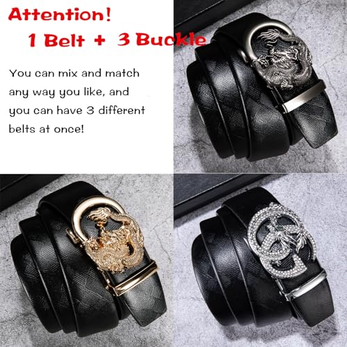 Image of Barry.Wang Ratchet Belt 3 Buckles Gift Set Mens Belts Grain Leather Automatic Buckle 1 3 /8 inch Father's Day Business Wedding