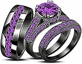 Aryan Jewels 2.30 Ct Round Cut Purple Amethyst 14K Black Gold Over Wedding Band Engagement Bridal Trio Ring Set for Him & Her (11)