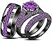 Aryan Jewels 2.30 Ct Round Cut Purple Amethyst 14K Black Gold Over Wedding Band Engagement Bridal Trio Ring Set for Him & Her (11)