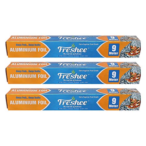Image of Freshee 9m Aluminium Silver Kitchen Foil Roll Paper Pack of 3|11 Micron Thick|Food wrap|Disposable Food Parcel|Fresh Food|Food Grade