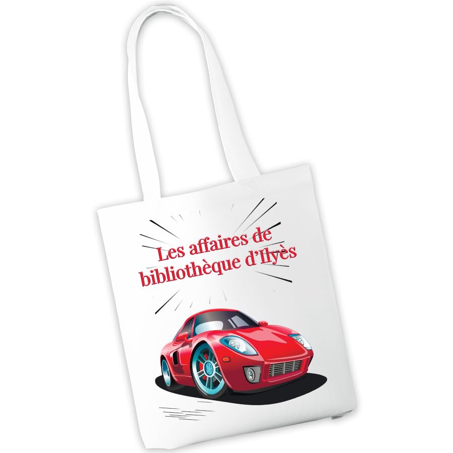 Sac à cahiers personnalisé - Sac de transport pour cahiers et livres d'école ou de bibliothèque - Prénom et motif au choix - Cadeau rentrée scolaire, maternelle, crèche, école (Voiture)