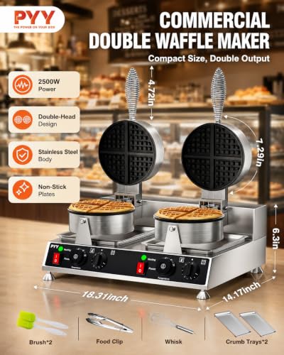 Image of PYY Commercial Waffle Maker, Double-Head Round Waffle Baker Machine, 2500W Stainless Steel Non-Stick Electric Waffle Iron with Temp & Timer Control, for Restaurant Bakery Snack Bar Cafe