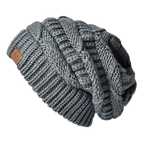 ENJOYFUR Womens Knit Slouchy Beanie Hat,Trendy Chunky Cable Knit Beanie,Oversized Winter Hats for Women Dark Grey