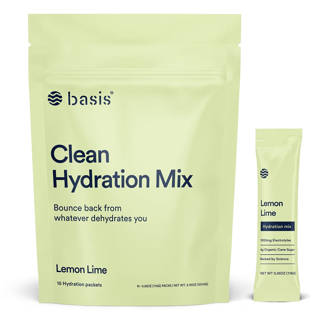 Basis Hydration Low Sugar Powder Packets, Electrolyte Mix, Keto-Friendly, Pregnancy Dehydration Relief - for Workout Travel Sports (Lemon Lime, 15 Sticks)