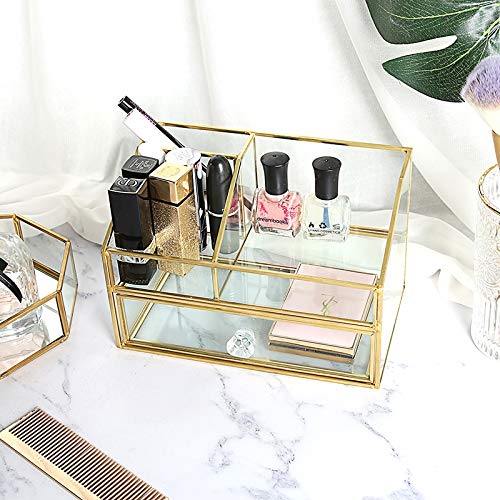 SLHEQING Luxury Gold Makeup Organizer with Drawers, Glass Dressing Table Organiser, Ideal for Vanity and Bathroom - Image 3
