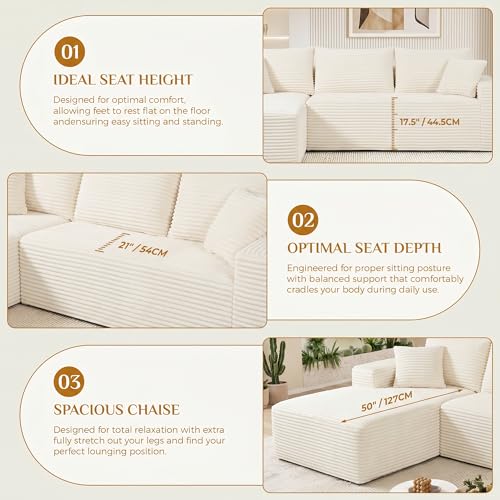 Image of 108 inch Boneless Cloud Sectional Couches for Living Room, Comfy Fluffy L Shaped Memory Foam Deep Seat Boneless Couch, Modular Sectional Sofa with Right Facing Chaise, White