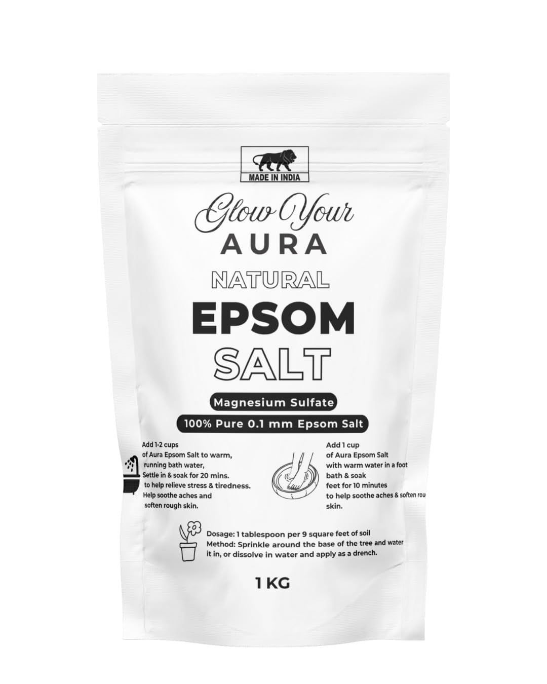 GLOW YOUR AURA Natural Epsom Salt | 100% Pure & Unscented Magnesium Sulfate | Bath, Foot Soak, Relaxation & Gardening | No Added Colour (1Kg)-image-42
