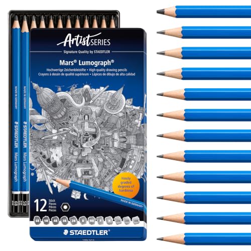 Image of STAEDTLER Mars Lumograph Art Drawing Pencils (12-Pack) - Break-Resistant Graphite, Metal Case