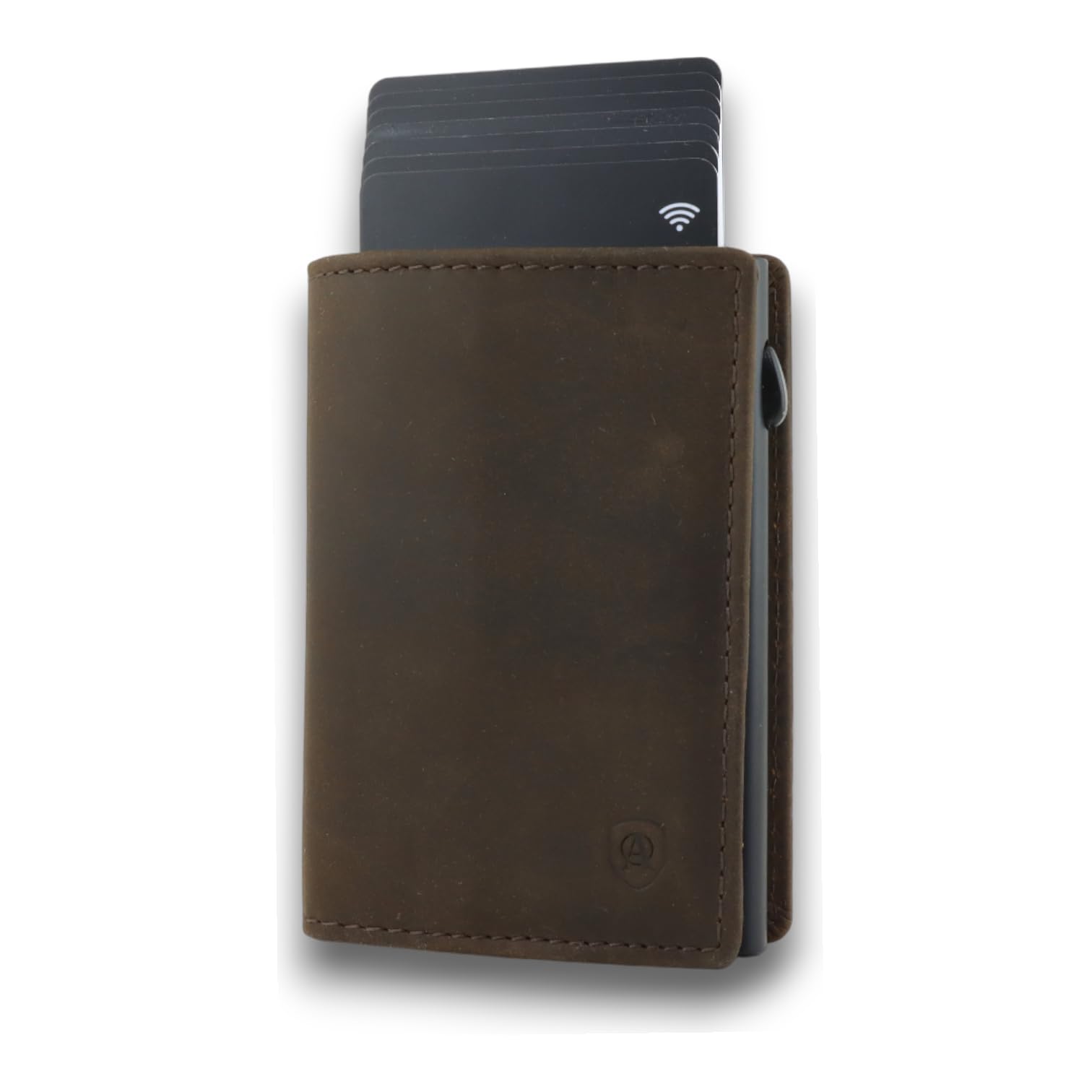 AKAROA – Kartenetui Slim Wallet Herren Rindsleder Pelle – Pop-up Card Holder Geldbeutel mit RFID Schutz und Kartenauswurf 7x10cm - Extra Kartenfächer, Scheinfach & Magnetverschluss – Vintage Braun