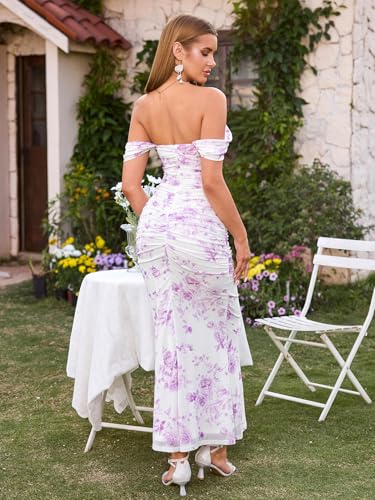 Image of KUTUMAI Off The Shoulder Maxi Long Dress Corset Ruched Bodycon Cocktail Formal Wedding Guest Dresses for Women