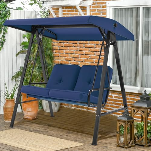 Image of U-MAX 2 Seat Outdoor Patio Swing Chair for Adults, Porch Swings with Adjustable Canopy, Outside Swing Bench with Removable Cushion, Suitable for Backyard, Garden, Yard, Poolside, Balcony (Blue)