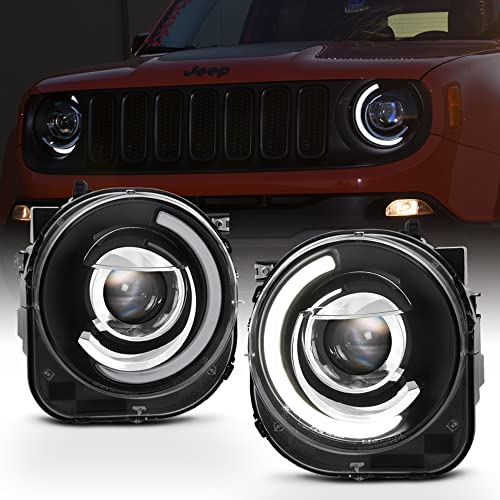 ACANII - For Blk 2015-2018 Jeep Renegade LED DRL Tube Mono-Eye Projector Headlights Headlamps Driver + Passenger Side