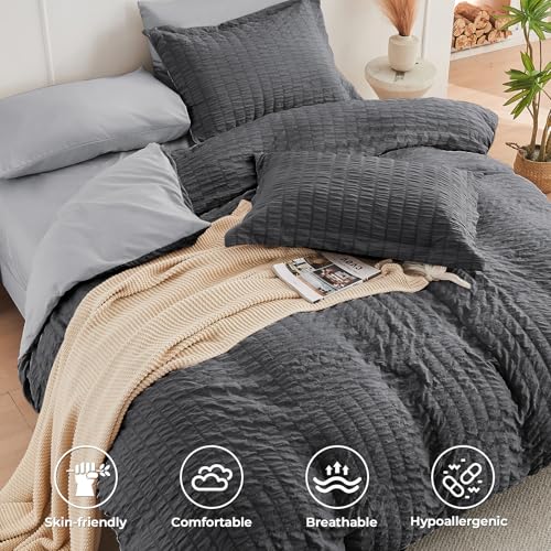 Image of HYMOKEGE Dark Grey /Light Grey Queen Comforter Set Seersucker 7 Pieces, All Season Luxury Bed in a Bag Queen for Bedroom, Bedding Set with Comforter, Sheets, Pillowcases & Shams