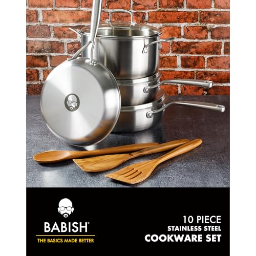 Image of Babish 10-Piece Professional Tri-Ply Non-Toxic Pots and Pans Cookware Set - Durable, Even Heat Distribution for Cooking and Baking